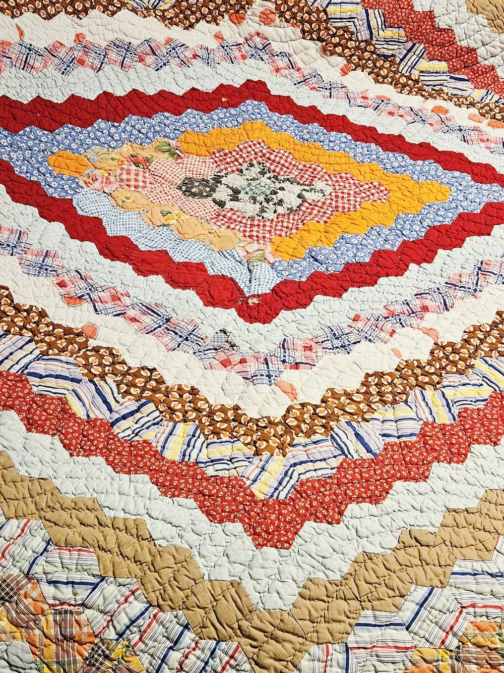 Vintage Patchwork Quilted Bedspread in Red, Blue, Yellow